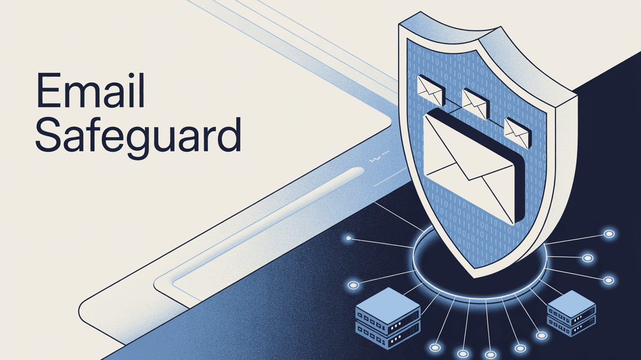 Email safety and backup protection illustration showing comprehensive safeguard system with shield and backup servers